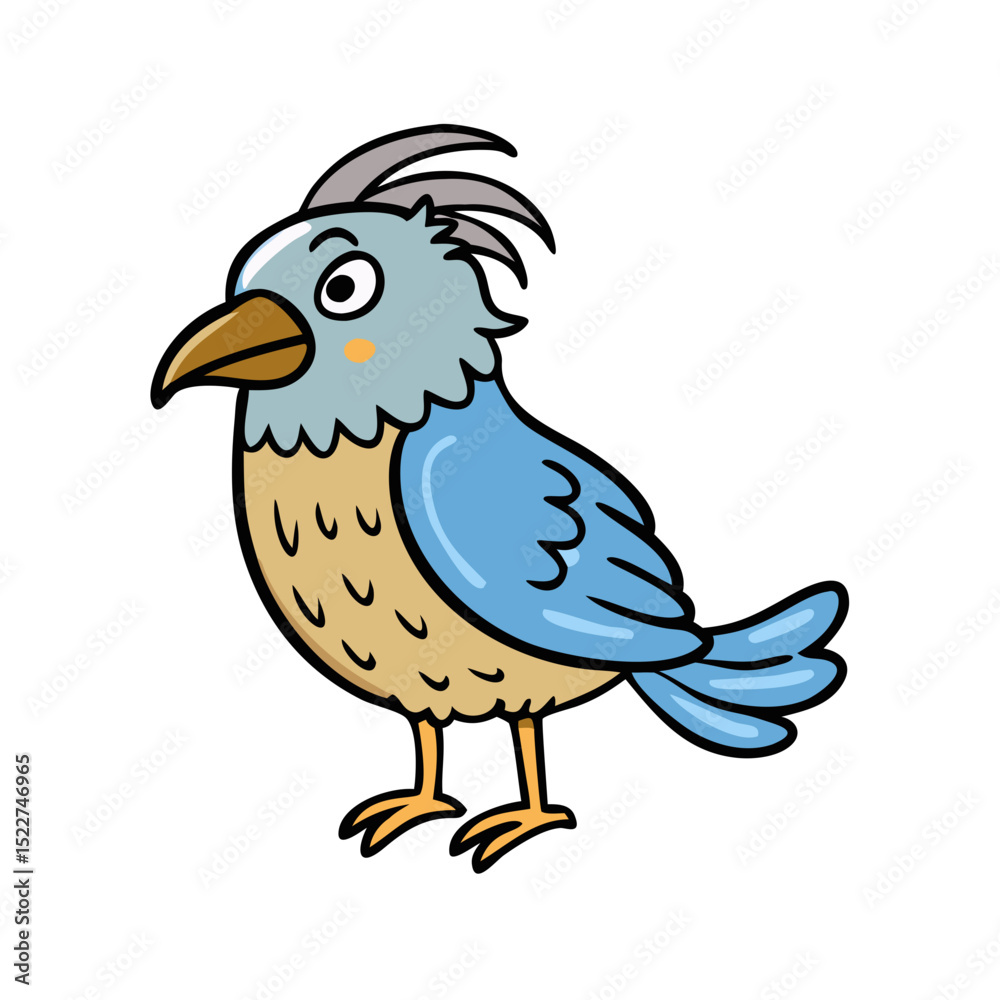 Fototapeta premium Cartoon bird with blue feathers and quirky hairstyle standing 