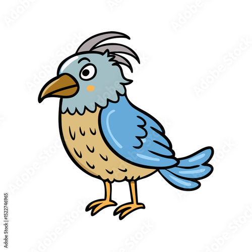 Cartoon bird with blue feathers and quirky hairstyle standing  
