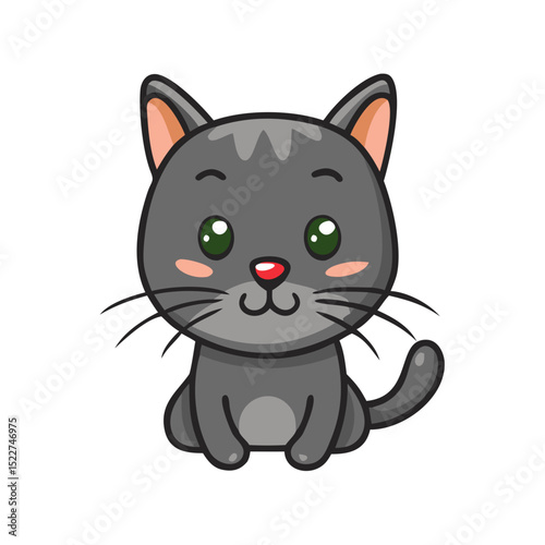 Cute cartoon gray cat with big green eyes sitting happily  