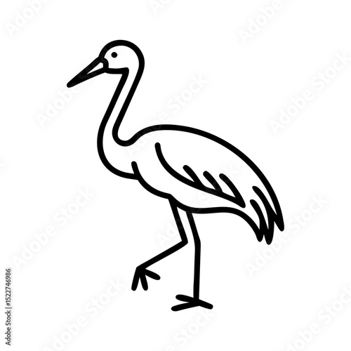 Line drawing of a crane bird standing on one leg  