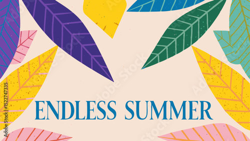 Colorful leaves arranged around the text endless summer on a light background in a decorative design