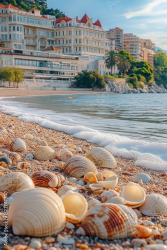 sandy beach, shells and starfish, Generative AI