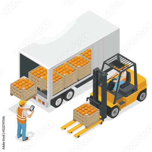 Isometric illustration of logistics and distribution featuring a forklift loading crates of oranges into a truck with worker inspection.