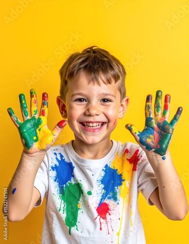 A cheerful young boy grins widely, his hands adorned with vibrant, multicolored paint, showcasing his creativity and joy in artistic expression.