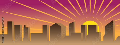 Stylized sunrise illuminating city skyline with magenta and orange sky