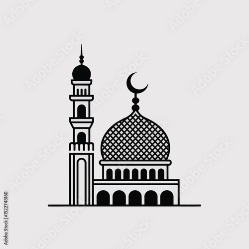 Minimalist vector illustration of a mosque featuring a minaret and crescent moon religious iconography design for islamic faith and architecture