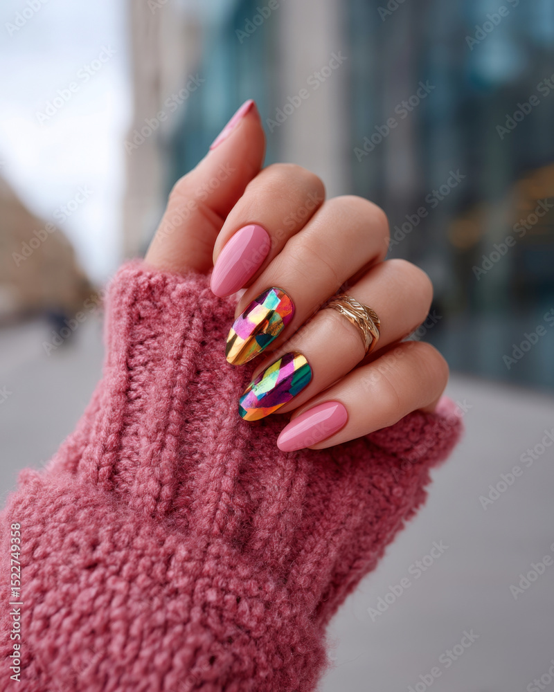 Naklejka premium Fashionable chrome foil nail art on female hand with pink manicure and warm knitted sleeve in city background