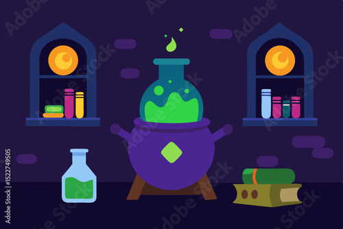 a witch s lair with bubbling potions and spell