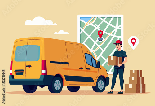 Vector-based flat design of a package delivery process showing courier, van, digital route tracking, and map icons, perfect for explaining e-commerce fulfillment or delivery network systems
