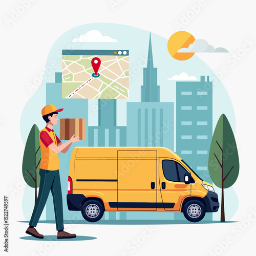 Illustration of a delivery process in flat design, including a courier with a parcel, a van ready for transport, and a route map interface, suitable for mobile delivery apps and logistics platforms
