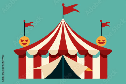a decrepit carnival tent with tattered flags