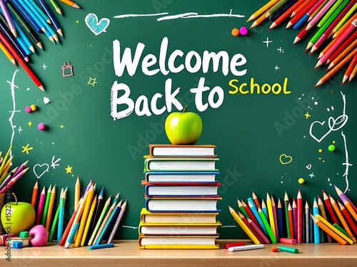 Back to school chalkboard with book sketch, apple, and pencils. Ideal for educational banners, school ads, classroom posters, and academic event promotion