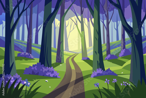 a sun dappled forest floor covered in bluebells