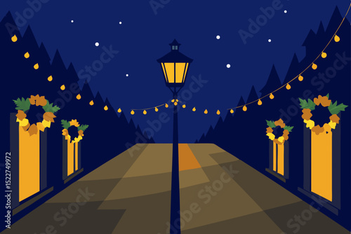 a Victorian street lined with glowing lanterns