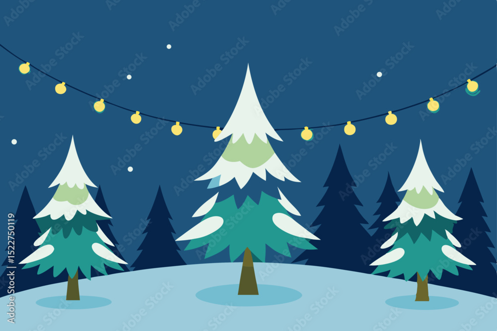snow covered pine trees lit with string lights