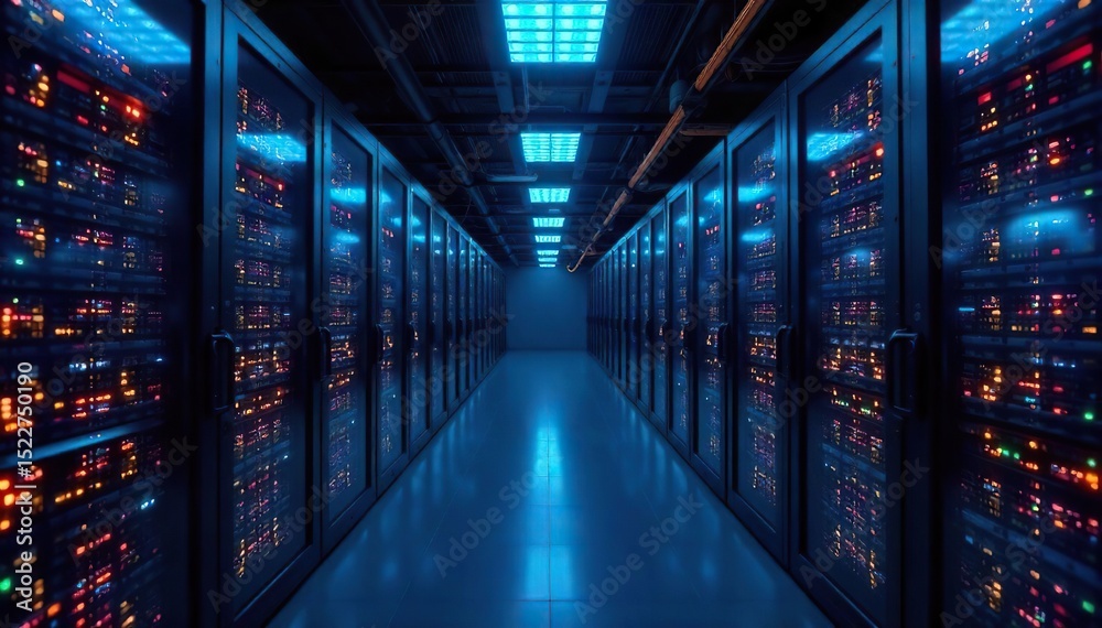 Obraz premium Sleek server room with glowing data centers and interconnected network cables illustrating vast cloud storage capacity and modern data infrastructure , cybersecurity, backup