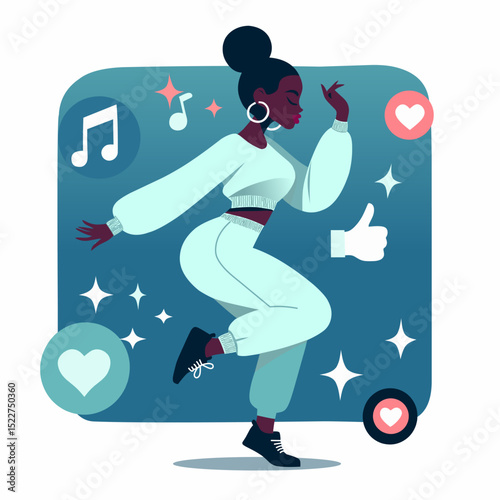 a flat vector illustration of a stylish Black woman dancing joyfully inside a rectangle frame

