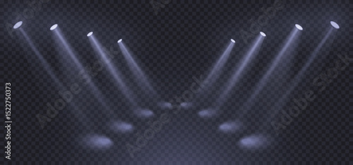 Stage spotlight with light reflection on the floor. Realistic blue light sources, soft light beam inside abstract concert hall, club, theatre. Blue projector scene with rays, vector illustration.