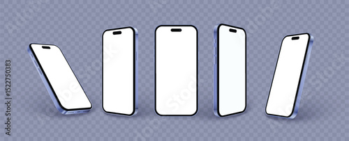 Phone mockup set in 3d style isolated on transparent background. Realistic titanium purple smartphone in different angles view with shadow for ui ux app presentation. Realistic 3d vector mobile phone.