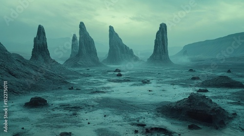 Desolate Teal Landscape with Dark Rock Formations