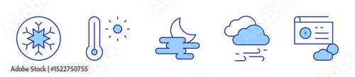 thermometer, windstorm, snowflake, fog, radio. Weather forecast Icon vector illustration. Line Duotone style. Editable stroke