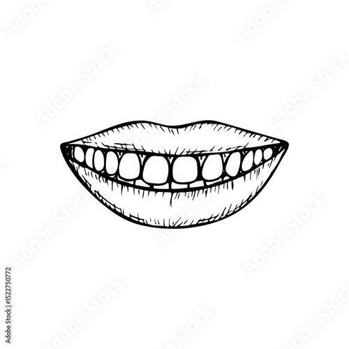 White healthy teeth, smiling mouth - hand-drawn vector line sketch illustration. Stomatology, dentistry, oral hygiene, healthcare. Outline engraving doodle clipart isolated on white background