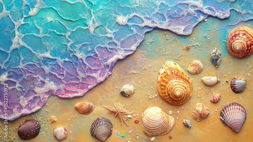 sandy beach, shells and starfish, Generative AI
