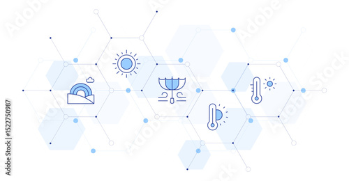 Weather forecast Banner Vector Illustration with Icon Style in Between. Line Duotone icon. Containing. rainbow, sun, windy, thermometer, hot temperature