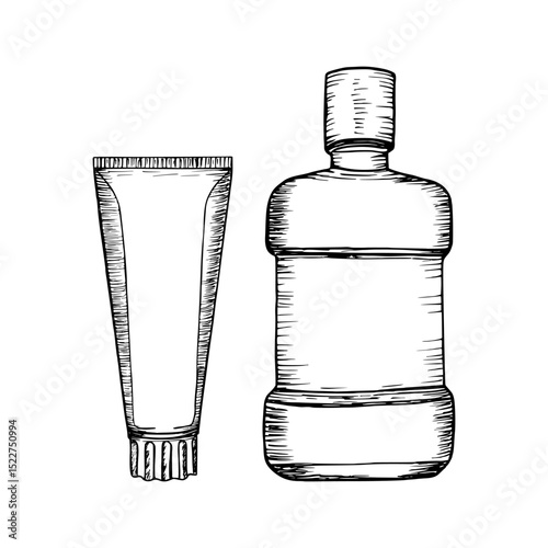 Toothpaste and mouthwash vector sketch illustration set. Dental and oral hygiene tools, dental care. Hand-drawn doodle outline isolated on a white backdrop