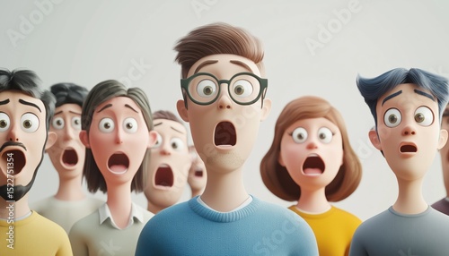 Emotional Group Of People Reacting In Shock Against Gray Wall, Including A Man In Glasses And Scared Friends. Unexpected Encounter.