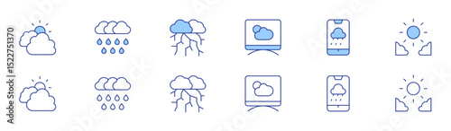 Weather forecast icon set in two styles, Duotone and Thin Line style. Editable stroke. cloudy, weather forecast, heavy rain, rain, storm, day