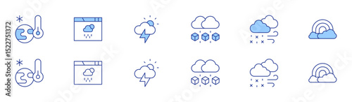 Weather forecast icon set in two styles, Duotone and Thin Line style. Editable stroke. cold, hail, weather, snowfall, storm, rainbow
