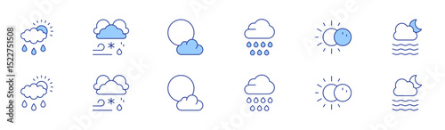 Weather forecast icon set in two styles, Duotone and Thin Line style. Editable stroke. rain, rain cloud, thunderstorm, eclipse, full moon, foggy