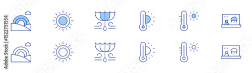 Weather forecast icon set in two styles, Duotone and Thin Line style. Editable stroke. rainbow, thermometer, sun, hot temperature, windy, forecaster