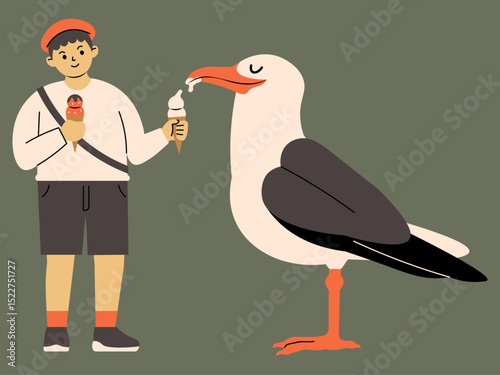 A boy petting a friendly seagull with ice cream.