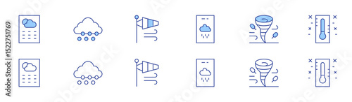 Weather forecast icon set in two styles, Duotone and Thin Line style. Editable stroke. weather, weather forecast, snow, windstorm, wind socket, thermometer