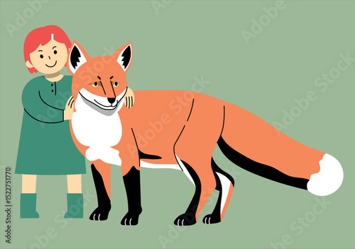  illustration of a girl petting a huge fox.