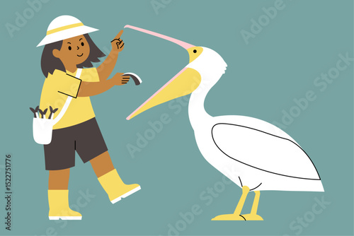 an illustration of a girl feeding cute friendly pelican.