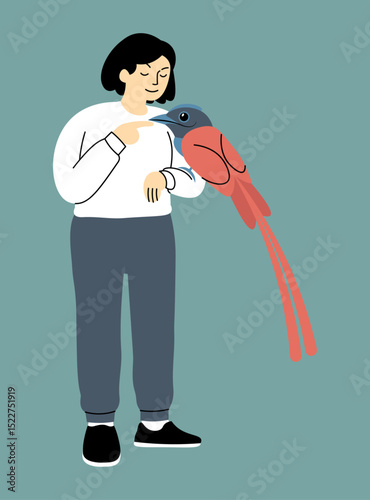 illustration of a girl petting a beautiful bird.