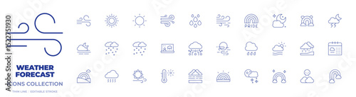 Weather forecast icons collection. Thin Line icons, editable stroke. rainbow, foggy, monsoon, fog, rain, wind, storm, killer fog, sun, smog, thunderstorm, snow, calendar, moon