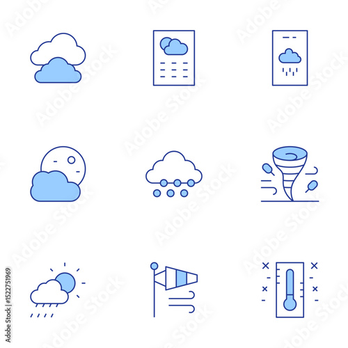 Weather forecast icons set. Line Duotone style, editable stroke. clouds, weather, weather forecast, moon, snow, windstorm, wind socket, thermometer