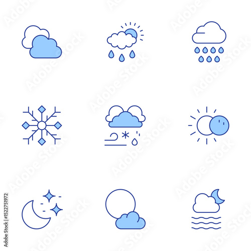 Weather forecast icons set. Line Duotone style, editable stroke. cloudy, rain, rain cloud, snowflake, thunderstorm, eclipse, night, full moon, foggy