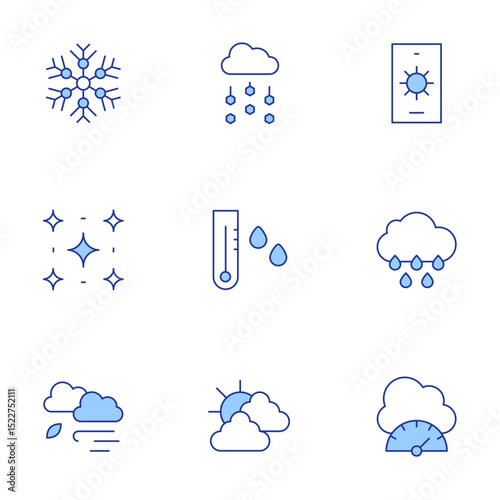 Weather forecast icons set. Line Duotone style, editable stroke. snowflake, hail, weather forecast, starry night, thermometer, rain, windy, weather, pressure