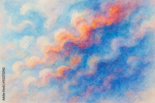 Vibrant Sunset Cloudscape Abstract Watercolor Painting, Sky Background
