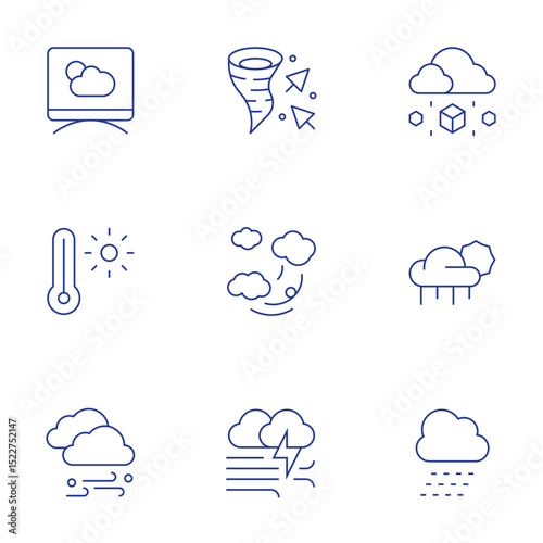 Weather forecast icons set. Thin Line style, editable stroke. climate, contrail, windstorm, hail, cloudy, snow, weather forecast, thermometer
