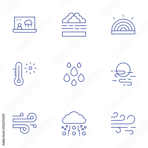 Weather forecast icons set. Thin Line style, editable stroke. foggy, rain, storm, rainbow, fog, wind, forecaster, hot temperature