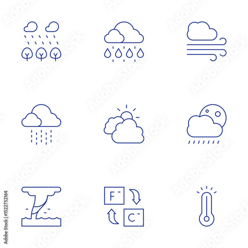 Weather forecast icons set. Thin Line style, editable stroke. forest, drizzle, waterspout, rain, cloudy, fahrenheit, wind, rainy night, overheating