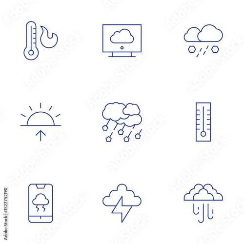 Weather forecast icons set. Thin Line style, editable stroke. hail, thermometer, blizzard, warm, sunrise, storm, weather forecast, thunder