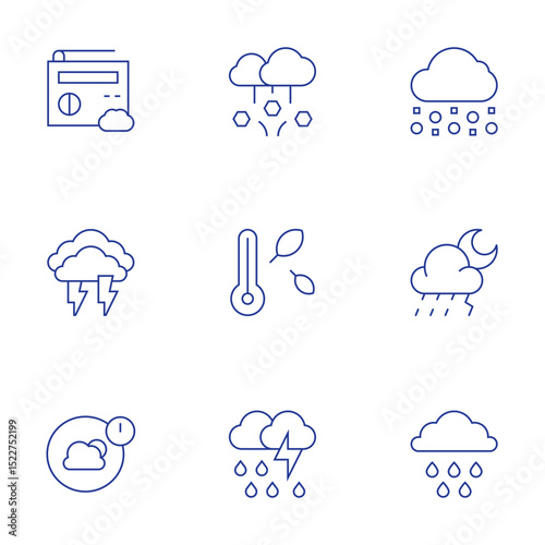 Weather forecast icons set. Thin Line style, editable stroke. hail, thermometer, storm, snow, rain, rainy, weather forecast, thunder, weather