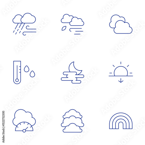 Weather forecast icons set. Thin Line style, editable stroke. rain, thermometer, pressure, windy, fog, cloudy, sunset, rainbow